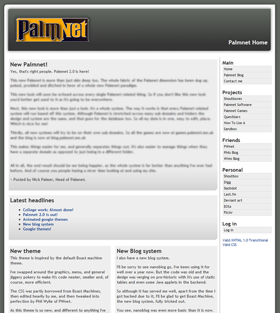The redesigned palmnet.me.uk from 2007